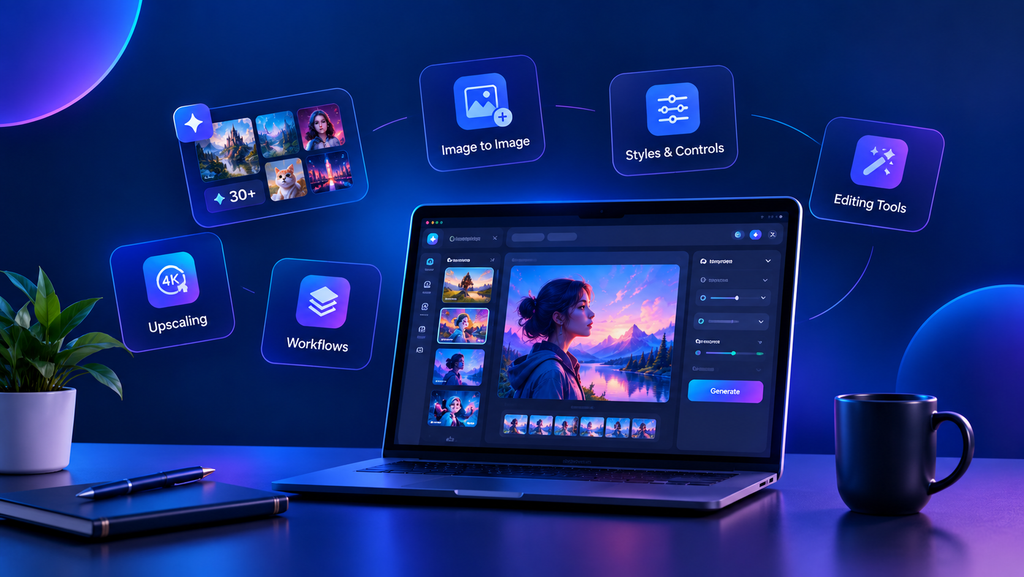 Imagine.art features including AI models, image generation, editing and upscaling