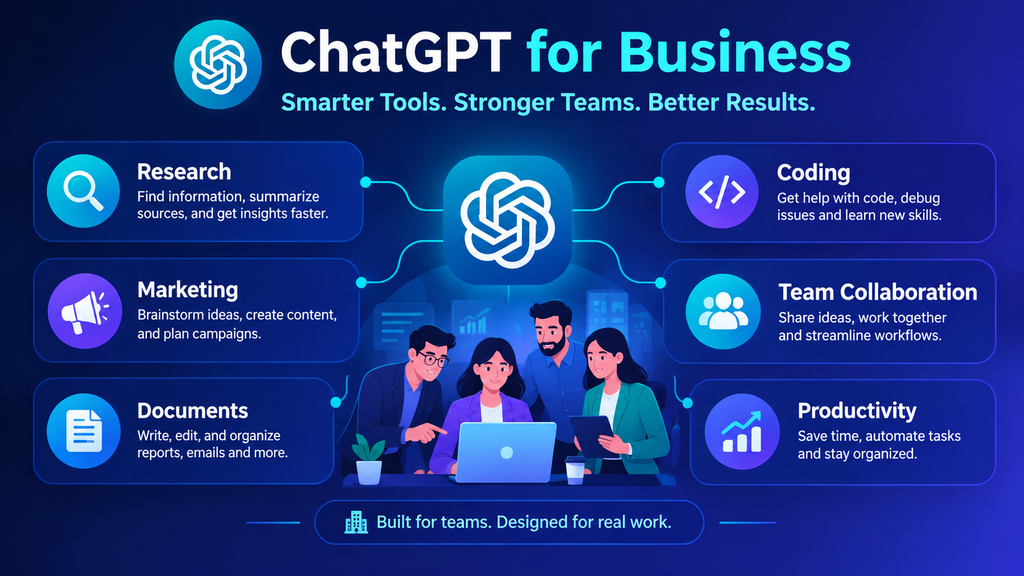 ChatGPT Review 2026: Features, Pricing, Pros & Cons ChatGPT for business showing research, marketing, documents, coding and team collaboration