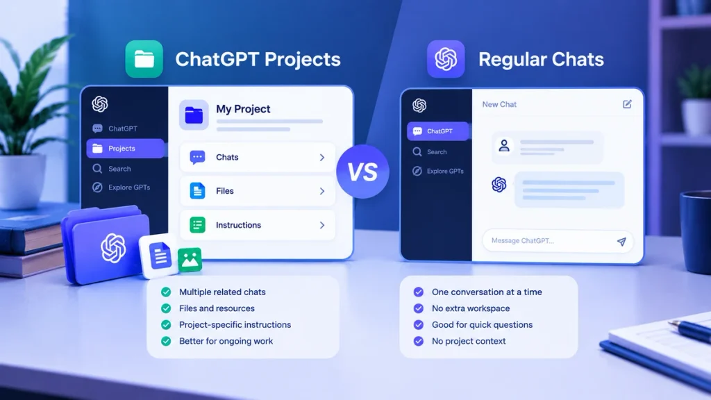 Comparison of ChatGPT Projects and regular chats for organized work