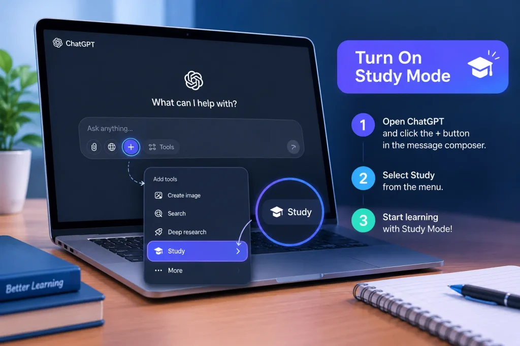 How to Use ChatGPT Study Mode: Complete Beginner’s Guide How to turn on ChatGPT Study Mode using the tools menu