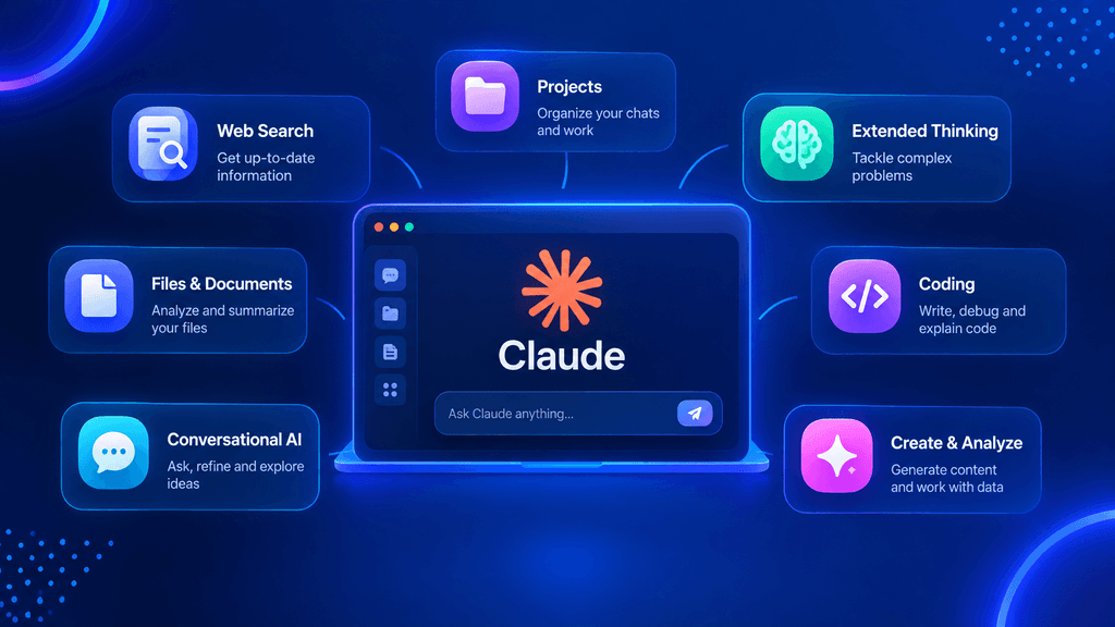 Claude AI Review 2026: Features, Pricing, Pros & Cons Claude AI features including web search, projects, file analysis, coding, and extended thinking