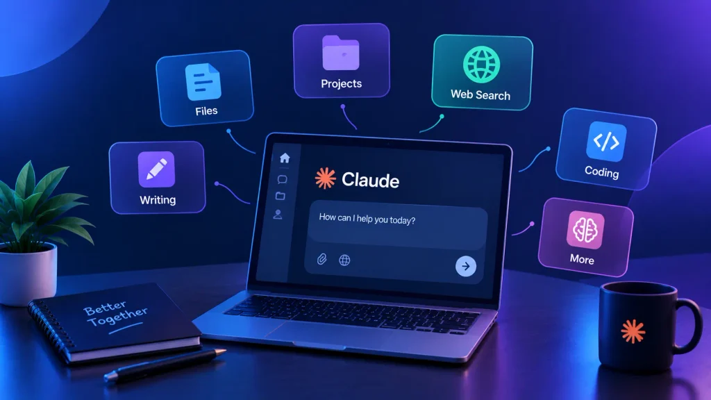 Claude AI features including Projects, files, web search, writing and coding