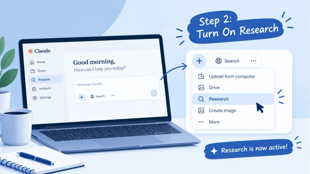 How to turn on Claude Research from the Claude interface