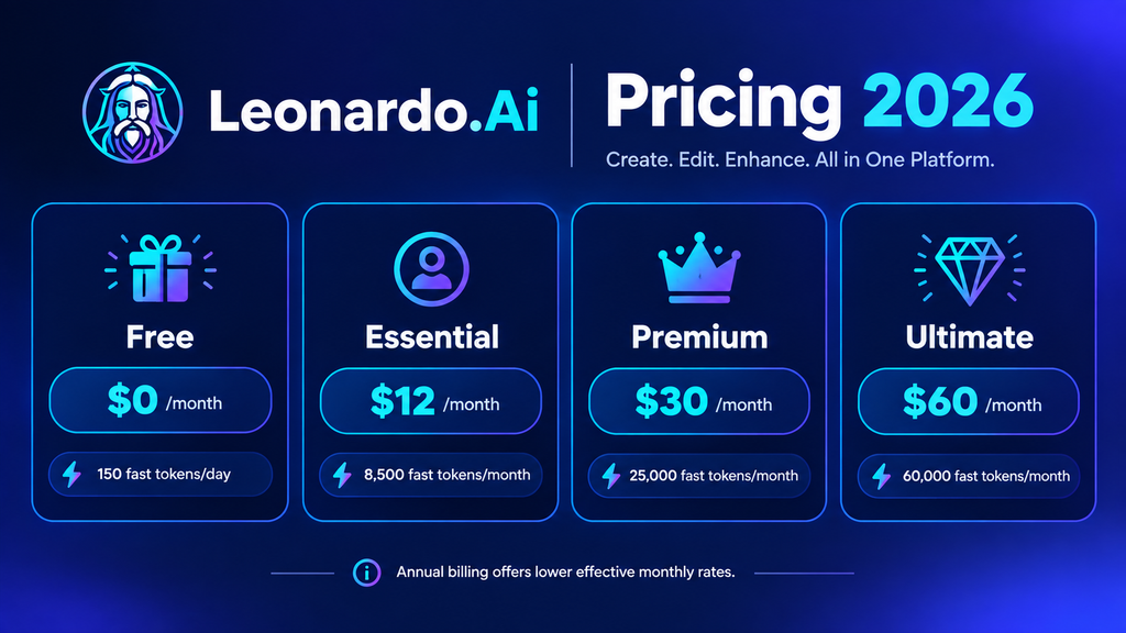 Leonardo AI Review 2026: Features, Pricing, Prompts & Is It Worth It? Leonardo AI pricing 2026 showing Free, Essential, Premium and Ultimate plans