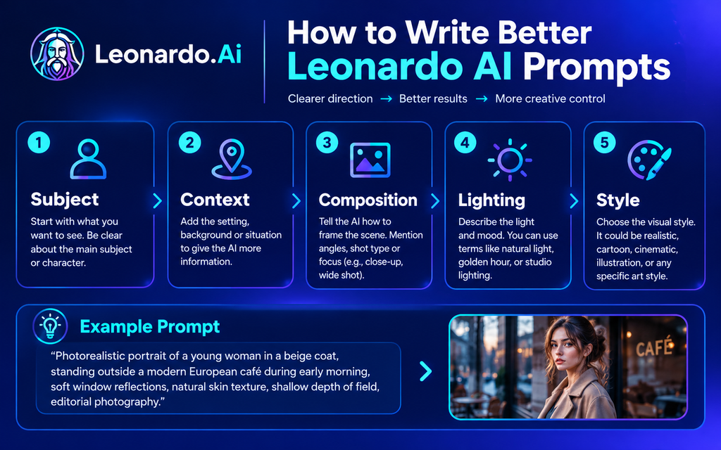 Leonardo AI Review 2026: Features, Pricing, Prompts & Is It Worth It? Leonardo AI prompt guide showing subject, context, composition, lighting and style